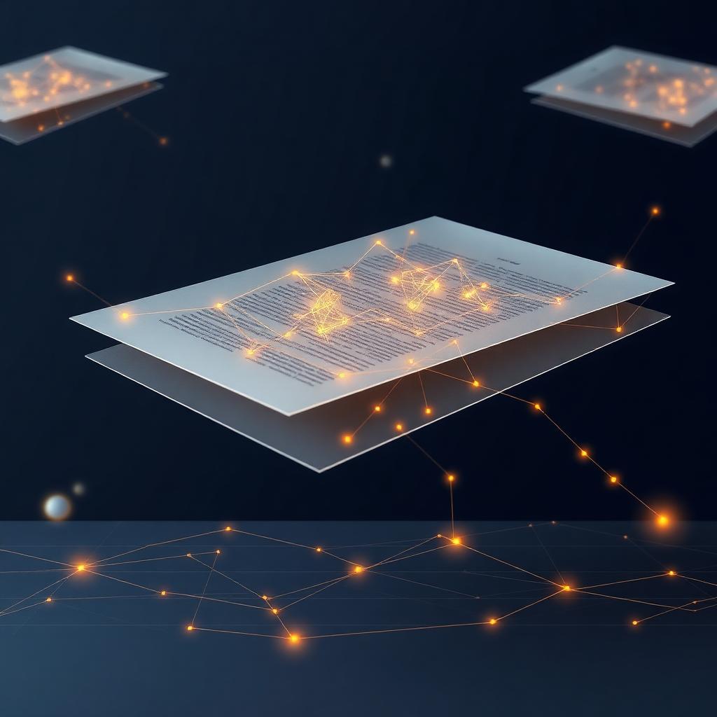 Floating translucent research pages connected by glowing gold citation networks