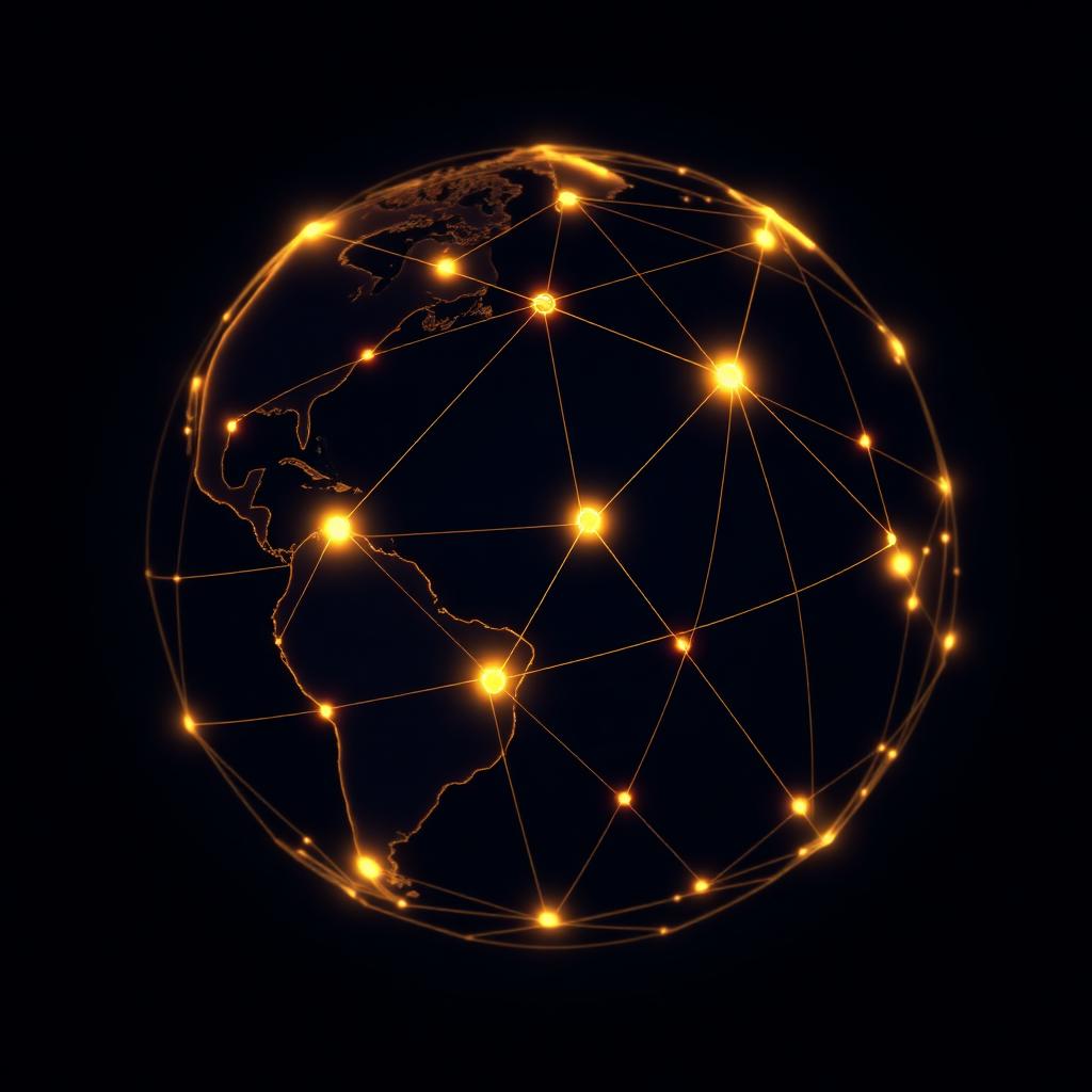 Glowing gold wireframe globe with connection arcs on a deep navy background