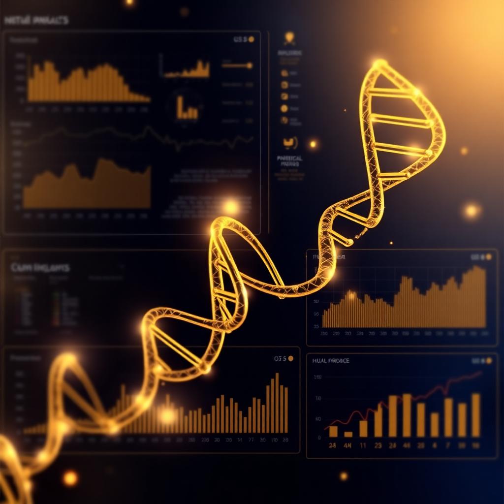Gold molecular and clinical data visualisation on a deep navy background